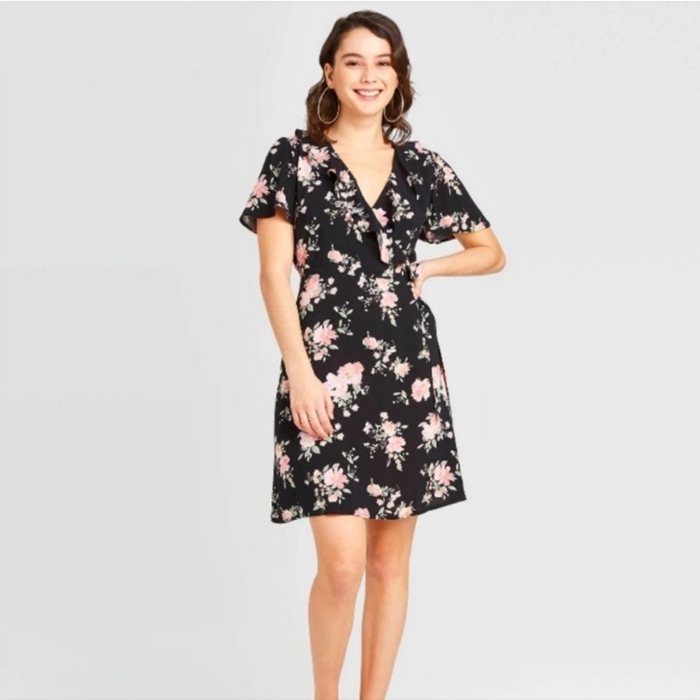 Xhileration Black Pink Floral Wrap Front Casual Summer Midi Sun Dress Medium